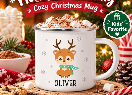 Andaz Press Kids Personalized Cute Snowflake Christmas Animals 11oz. Stainless Steel Campfire Hot Chocolate Mug, Baby Reindeer Custom Name 1-Pack, For Children, Christmas Ideas Xmas Campfire Mugs
