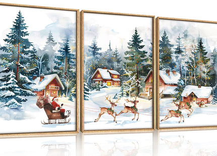 Ausril Christmas Santa Sleigh Deer Framed Canvas Wall Art Set -24"x36"x3