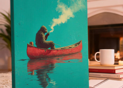 YJIKRTVT Funny Bigfoot Wall Art, Sasquatch in Red Canoe Painting, Whimsical Sasquatch Lake Canvas Print, Humorous Outdoor Adventure Wall Decor for Cabin Lake House 8x10 Inches