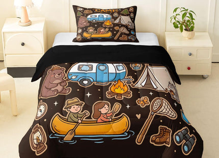 Erosebridal Kids Adults Camping Tent Twin Bedding Set,Camper Comforter Set Retro Adventure Theme Decor,Woodland Pine Tree Mountain Comforter Set Nature Scenery Quilt Bed Set with 1 Pillow Case