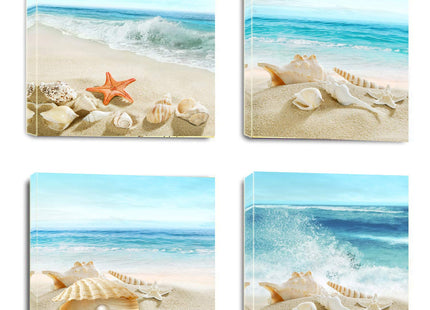 Sandy Beach Starfish Canvas Bathroom Wall Art Framed 4Pcs 12"x12"