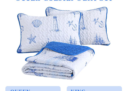 Coastal Nautical Quilt Set, King Size Beach Coverlet Blue Watchtower Sailboat Compass Bedspread, Ocean Beach Themed Bed Cover Microfiber Soft Lightweight bedding sets for All Seasons (106"×92")