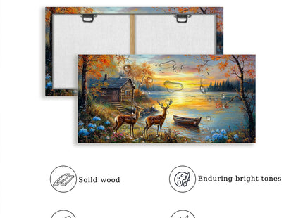 crmotu Nature Wall Art, Autumn Lake Cottage Deer Paintings 20X40 In