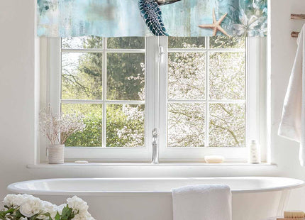 Nautical Coastal Valance for Windows, Beach Sea Turtle Starfish Ocean Ocean Rod Pocket Curtain Valances for Living Room Bathroom Underwater World Window Treatment Valances 60"W x 18"L, 1 Panel