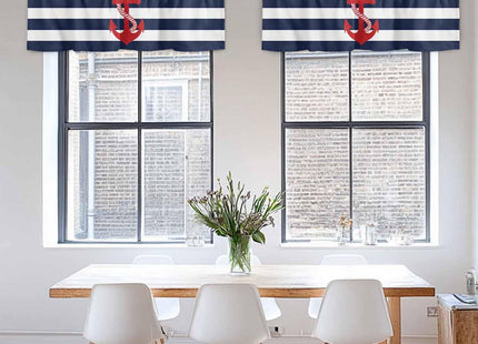 Chucoco Nautical Valance Curtain for Window, Red Anchor Rod Pocket Kitchen Valances Navy Blue White Stripe Short Curtain Panel Windows Treatment Drapes for Bathroom/Bedroom/Living Room