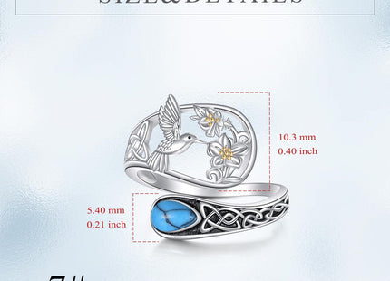 Vadmans Hummingbird Spoon Ring Sterling Silver Adjustable Turquoise Hummingbird Ring Jewelry Gifts for Women Wife Mother