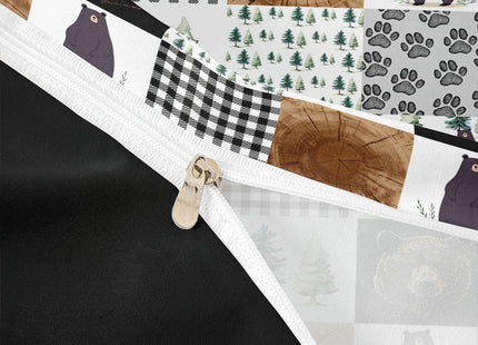 Kids Rustic Black Bear Duvet Cover Twin Woodland Animal Bedding Set For Boys Teen Men,Patchwork Black White Grey Buffalo Plaid Comforter Cover Farmhouse Wooden Pine Tree Bear Paw Bed Set 2 Pcs