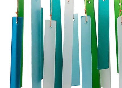 Ocean Blue Sea Glass Driftwood Wind Chime, Handcrafted Coastal, 15 Inch