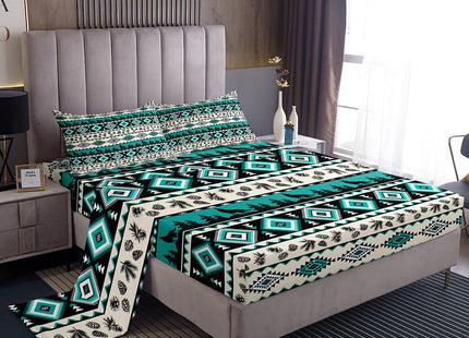 Manfei Aztec Geometric Bed Sheets Twin Size,Southwest Tribal Ethnic Easy Wash Bedding Set,Wolf Rustic Cabin Kids Room Decor,Beige Retro Sheet(Fitted+Flat+1 Pillowcase)