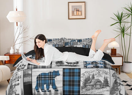 Hunting Wolf Bear Deer Bedding Set For Kids Boys Retro Blue Black Grey Plaid Buffalo Plaid Lodge Comforter Cover King Rustic Farmhouse Cabin Duvet Cover Woodland Animal Bed Set 2 Pillow Cases