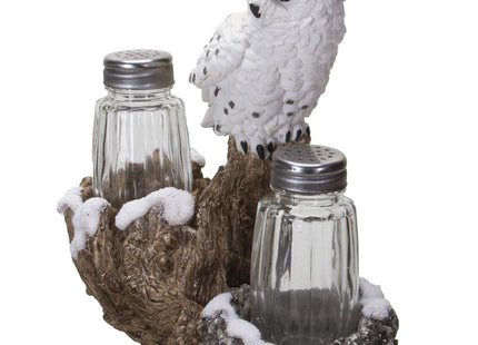 Pacific Giftware Snowy Owl Perching On Tree Branch Spiritual Realistic Decorative Glass Salt and Pepper Shakers Set with Resin Holder