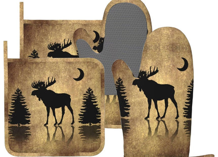 MIFSOIAVV Rustic Elk Moose Deer Forest Pine Tree Moon Design Oven Mitts and Pot Holders Sets Silicone Moose Kitchen Mitts Potholders Heat Resistant 4Pcs Moose Oven Gloves Hot Pads for Kitchen