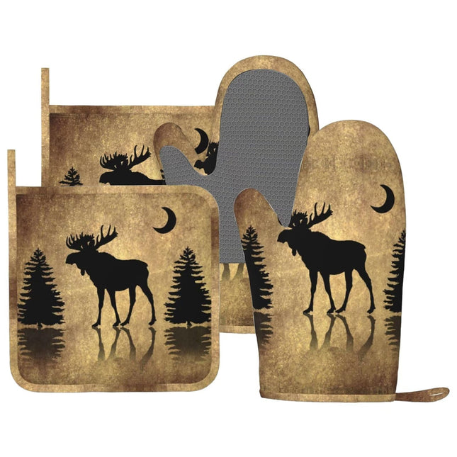 MIFSOIAVV Rustic Elk Moose Deer Forest Pine Tree Moon Design Oven Mitts and Pot Holders Sets Silicone Moose Kitchen Mitts Potholders Heat Resistant 4Pcs Moose Oven Gloves Hot Pads for Kitchen