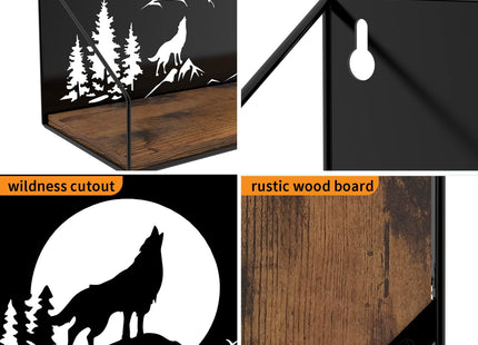 Giftgarden Floating Shelves for Wall with Unique Howling Wolves Cutout, Rustic Wolf Decor Wood Iron Hanging Shelf Decoration for Bedroom Bathroom Storage Cabin Lodge, Black