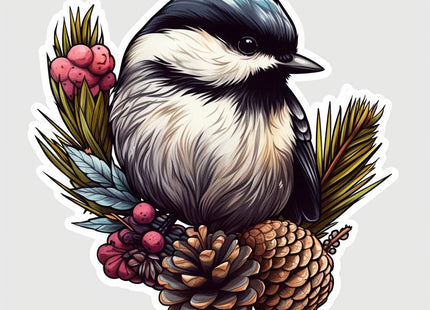 Yoonek Graphics Maine Black-Capped Chickadee Bird White Pine Cone and Tassel Flower Vinyl Decal Sticker for Car, Laptop, Tumbler, More. #008669-4"