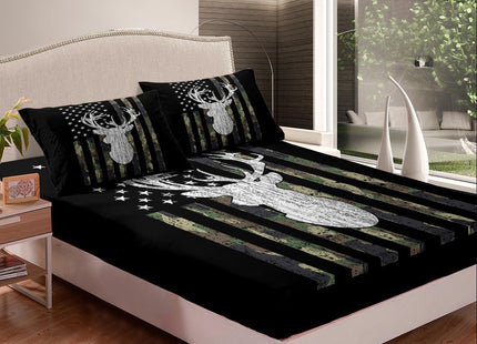 Deer Bed Sheets Twin Camo American Flag Sheet Set Camouflage Hunting Woodland Animal Bedding Sets for Kids Boys Teen Men,Rustic Deer Antler Fitted Sheet Black White Army Green Flat Sheet 3 Piece