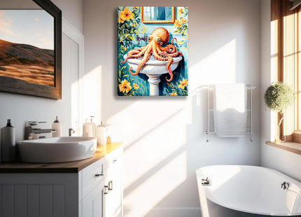 Framed Funny Octopus Bathroom Wall Art,Cute Sea Animal Canvas Print