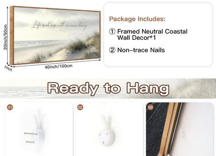 CHDITB Neutral Coastal Beach Quote Framed Wall Art 40x20 Inch