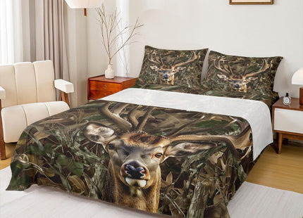 Camo Deer Kids Sheet Queen Size,Dead Branches Wild Animals Hunting Bedding Set,Boys Girls Adults Room Decor,Rustic Farmhouse Camouflage Brown Retro Bed Sheet Set 4pcs(Fitted + Flat + 2 Pillowcases)