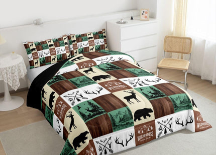 Hunting Bear Deer Comforter Set, Farmhouse Lodge Cabin Bedding Set Twin Size for Kids Boys Teens Bedroom Decor, Rustic Woodland Moose Duvet Insert Western Country Patchwork Quilt with 1 Pillow Case
