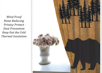 Black Bear Kitchen Window Curtains,Rustic Farm Wildlife Cute Bear Thermal Insulated Blackout Drapes,Vintage Cabin Coniferous Forest Silhouettes Print for Home Living Room Cafe Kids Room 42x54 Inch