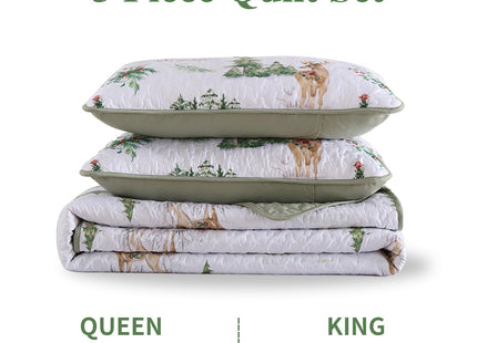 Christmas Quilt Set Queen Size Green Xmas Reindeer Pine Tree Bedding Set