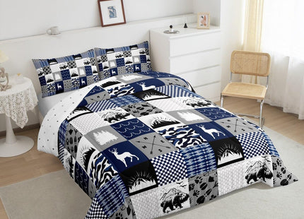 Elk Deer Bear Comforter Set Full Blue Camouflage Quilt for Boys Girls,Woodland Wild Animals Bedding Set Reindeer Camo Patchwork Duvet Insert,Retro Lodge Cabin Country Farmhouse Decor