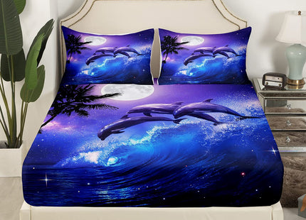 Dolphin Fitted Sheet,Cute Dolphins Jumping in The Moonlight Ocean Waves Beach Theme Sheet Set,Soft Decorative Fabric Bedding All-Round Elastic Pocket,Twin Size,Blue Purple