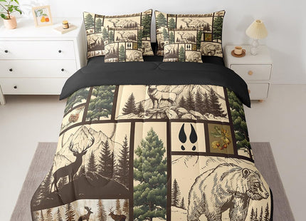 Feelyou Deer Bed in a Bag Twin Size Bear Comforter Set 7 Pieces Moose Wild Animal Rustic Cabin Country Tree Mountain Bedding Set Room Decor Brown Plaid Bed Set with Comforter, Sheet Set, Pillowcases
