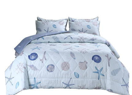 FADFAY Beach Comforter Set King 3Pcs Ocean Coastal Quilt 100% Cotton Fabric & Microfiber Filled Summer Nautical Bedding Light Blue Cool All Season Lightweight Reversible Down Alternative Duvet Insert