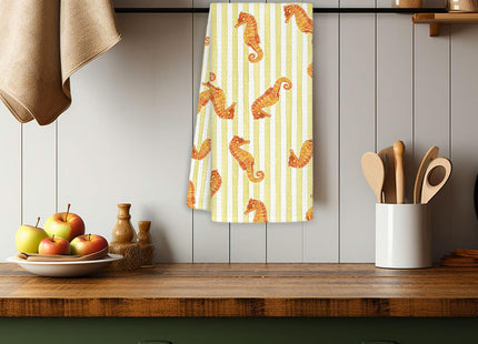 KRHFG Coastal Ocean Seahorse Hand Towels for Bathroom, Kids Bathroom Decor, Coastal Beach Kitchen Towels, Yellow Striped Nautical Seahorse Dish Towel Drying Cloth for Kitchen, 16x24 Inch