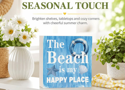 The Beach Is My Happy Place Wood Box Sign for Beach Lovers, Coastal Summer Home Decor, Starfish Seashell Tabletop Decoration for Beach House, Office Desk, Bathroom Shelf