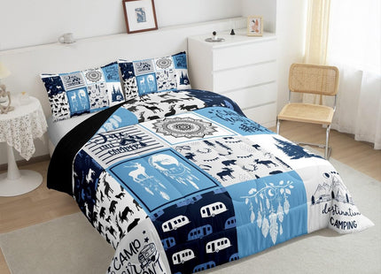 Bohemian Mandala Comforter Set, Rustic Lodge Camping Bedding Set Twin Size For Kids Boys Girls Teens, Farmhouse Christmas Deer Cabin Duvet Insert Woodland Bear Farm Amimal Adventure Quilt, Blue