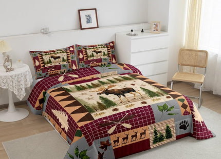 Rustic Patchwork Comforter Set King,Moose Deer Hunting Quilt for Kids Teens Adults Bedroom Decor,Country Wooden Canoe Maple Leaf Duvet Insert Southwestern Check Plaid Bedding,Camping Room Decor
