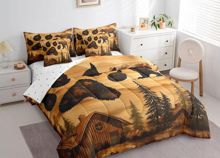 Erosebridal 7 Pcs Brown Bear Bedding Set Full Bear Paw Print Comforter Set 7 Piece Country Woodland Cabin Lodge Bed in a Bag Farmhouse Hunter Quilt with Flat Fitted Sheet Rustic Forest Animal Decor