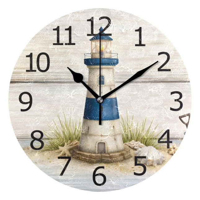 ALAZA Non-Ticking Silent Round Wall Clock, Vintage Lighthouse Wooden Nautical Banner Decorative Clock Home Art for Meeting Room RV Healing Center
