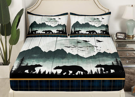 Rustic Bear Fitted Sheet Twin for Adult Women Wild Animal Bear Print Bedding, Western Farmhouse Theme Bed Sheets for Boys Girls Blue Grids Decor Bed Set, Old Barn Door Print Fitted Sheet