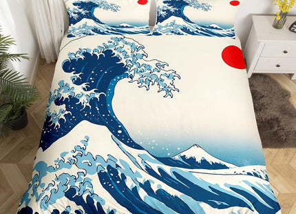 Castle Fairy Waves Pattern Bedding Set Twin Size for Kids Boys Bedroom,Japanese Ukiyo-e Bed Duvet Cover Set,Red Sun Comforter Cover Ocean Decor 2 Pieces 1 Duvet Cover with 1 Pillowcase No Comforter