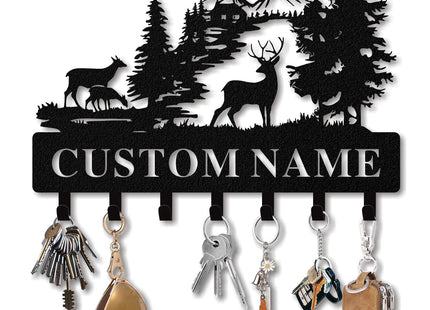 Quanqiuyi Personalized Forest Deer Coat Rack Wall Hanging Key Holder with Name, Metal Key Holder Wall Mount for Kitchen Hallway Doorway Home Decor Gift