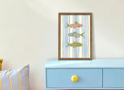 Coastal Fish Framed Canvas Wall Art, Nautical Fish Illustration Painting Print Picture, Kitchen Wall Decor Artwork Oil Painting for Dining Room Bathroom Living Room Lake House 12x16 Inch