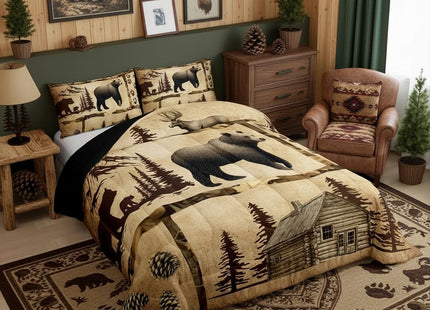 Feelyou Lodge Cabin Comforter Set Toddler Size Gray Bear Pine Tree Silhouette Pattern Quilted Duvet with 1 Pillowcases+1 Wild Animal Western Jungle Style Bedding for Teens Adults 2 Pcs