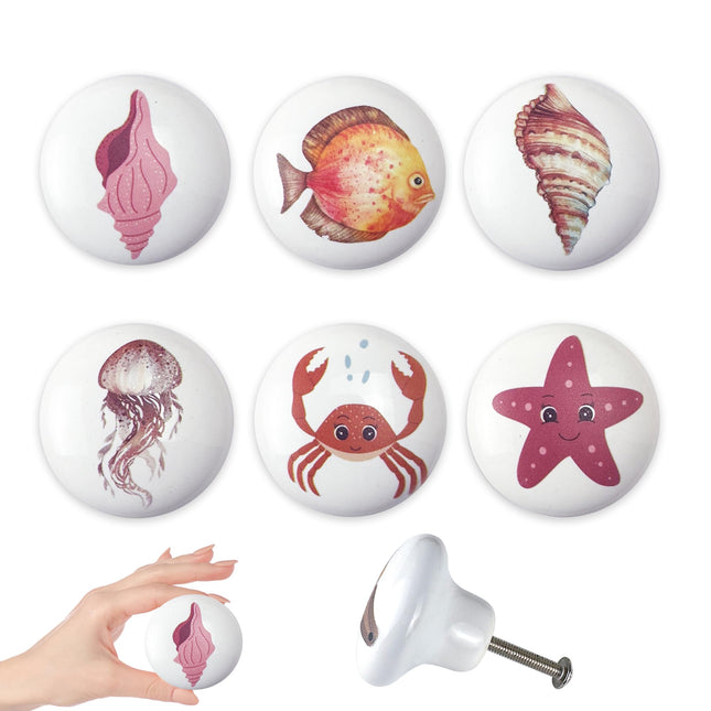 Lasyman Set of 6 Ceramic Fish Shell Starfish Coastal Beach Cabinet Dresser Knobs Drawer Pull Octopus Door Handle 1.5 X 1.5 Inches
