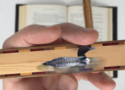 Common Loon Wooden Bookmark | Loon Bird Bookmark Double-Sided Water Bird Design | Lake Bird Nature Gift Bookmark | Handmade Wood Bookmark with Green Ultrasuede Tassel | Made in the USA