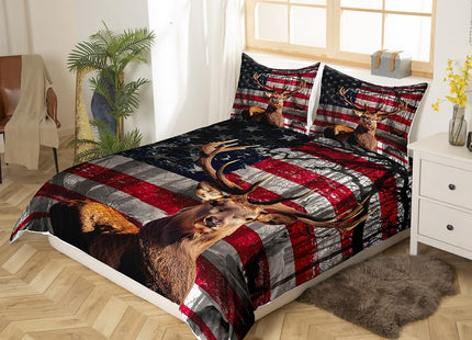 3D Deer Duvet Cover Set Twin Size American Flag Bedding Set 2pcs for Kids Boys Teens Room Decor, Wildlife Animal Elk Print Comforter Cover Stars and Stripes Quilt Cover with 1 Pillowcase,No Comforter