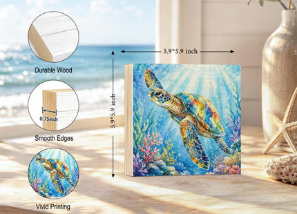 PISHOVI Ocean Turtle Wooden Box Sign, Rustic Sea Turtle Shelf Decoration