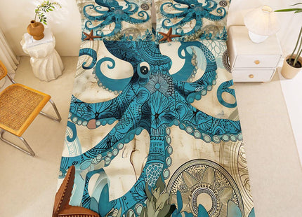 Octopus Bedding Ocean Bed Sheet Set Teal Mystic Kraken Mediterranean Style Design Teal Animal Bedding Sets Octopus Kids Sheet Set for Twin Size Skull Fitted Sheet and Flat Sheet,Marine 1 Pillowcase