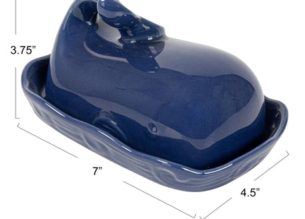 Creative Co-Op Stoneware Whale Butter Dish with Embossed Wave Detail, Navy Finish