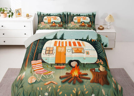 Erosebridal Cute Camper Car Full Comforter Set Rv Camping Bedding Set Woodland Camper Decor Comforter for Kids Boys Girls Floral Campfire Quilt Duvet