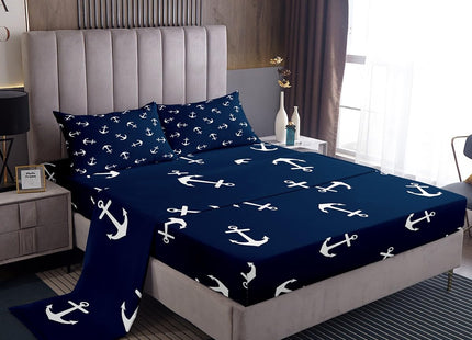 Manfei Summer Anchor Sheet Set Full Size, Nautical Anchor Bedding Set for Kids Boys Teens Room Decor, Fashion Navy Blue Bed Sheet Set 4pcs with Deep Pocket Fitted Sheet + Flat Sheet + 2 Pillowcases