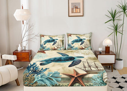 3D Sea Turtle Bedding Set for Boys Kids Girl Ocean Beach Themed 3 Piece Fitted Sheet Children Teens Retro Tortoise Bed Sheet Set Hawaiin Reptile Turtle Printed Bed Cover for All Seasons,Blue,Full
